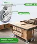 Nefish 5-inch heavy-duty caster wheel with brake; 360° swivel top plate; set of 4 on wooden workbench.