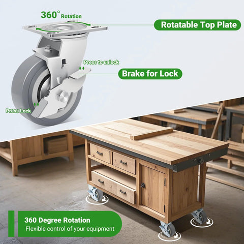 Nefish 5-inch heavy-duty caster wheel with brake; 360° swivel top plate; set of 4 on wooden workbench.