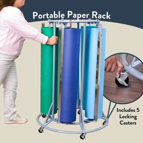 5 Roll Paper Dispenser And Cutter For Classrooms With Mobile Storage featuring locking casters and colorful paper rolls