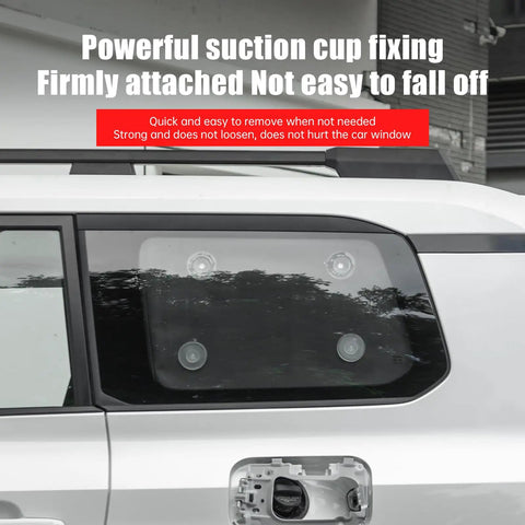 Toyota Land Cruiser Rear Side Window Hanging Bag Organizer For 2024 2025 2026 LC250 Prado Canvas Storage Box Interior Organizer Durable Tear Resistant Tuning Accessory 1 Left Side Bag attached with suction cups to a window.