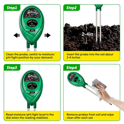 4-step usage guide for 3 In 1 Soil Moisture Light And PH Tester For Home Garden Lawn Farm Indoor Outdoor Use Easy Plug And Play Plant Health Meter To Promote Healthy Growth Everyday