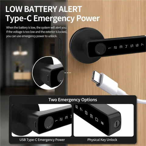 No Sweat Keyless Entry Smart Door Lock With Biometric Fingerprint Scanner And Mobile App Control For Killer Home Security and Type-C emergency power feature.