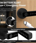 Rock Solid 5 In 1 Fingerprint Smart Lock With Keyless Deadbolt Setup showcasing low battery alert and USB Type-C emergency power.