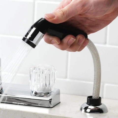 Heavy Duty Black Replacement Kitchen Sink Sprayer With Hose And Guide in use, featuring high pressure thumb trigger for faucet.
