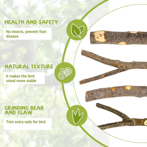 Straight Up Natural Wood Bird Perch Stand Set Five Piece Untreated Branches For Bird Cages, showing natural untreated wood textures.