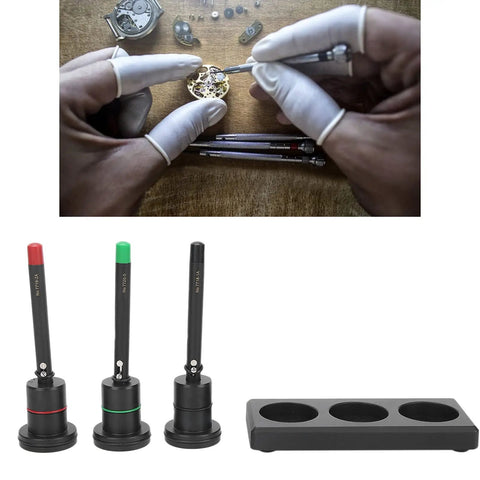 Pro Grade Watch Oiler Pens With Base Automatic Precision Lubrication Tool, set of 3 with stands, for watchmakers.