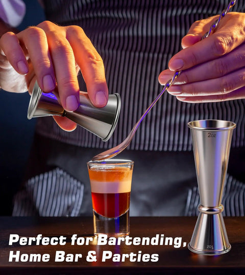 Hands using Stainless Steel Cocktail Jiggers 2 Pack Japanese Style Double Measuring Cups for bartending with cocktail