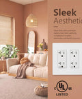 Heavy Duty Tamper Resistant Decorator Outlet Combo Kit Featuring Kid Proof Shutters Two Gang Screwless Wall Plate Set in modern living room decor.
