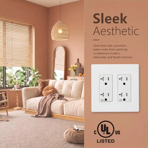 Heavy Duty Tamper Resistant Decorator Outlet Combo Kit Featuring Kid Proof Shutters Two Gang Screwless Wall Plate Set in modern living room decor.