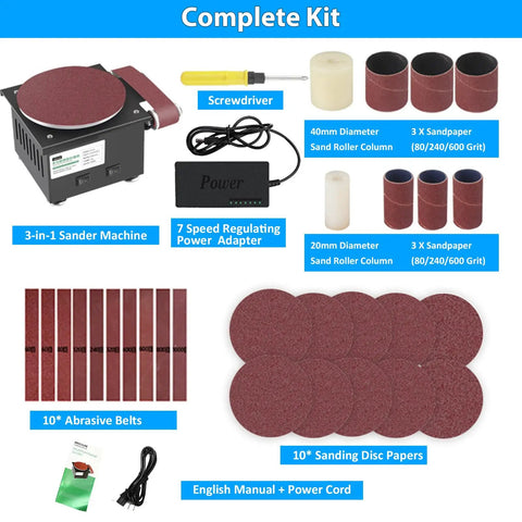 Complete kit for Heavy Duty 6 Inch Mini Disc Sander And Bench Belt Sander Combo, includes sanders, belts, and power adapter.