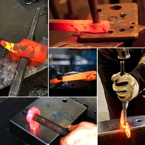 Eye Drift Tool Set For Smithing And Knife Making, 3 Piece Forging Kit in use with red-hot steel, showcasing hammer drift and anvil.