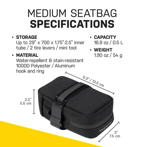 Elementa Seatbag M Under-Saddle Bike Bag 0.5 Liter compact 1000D polyester with hook and loop fastening, dimensions diagram