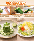 Spiral vegetable cutter set with stainless steel piranha-style auger; cucumber spirals and carrot garnishes