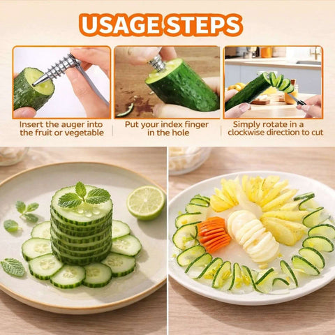 Spiral vegetable cutter set with stainless steel piranha-style auger; cucumber spirals and carrot garnishes
