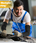 Mechanic wearing 4 Pack Cut Resistant Arm Sleeves With Thumb Holes And Without, Thin Skin Protection, Black And Gray