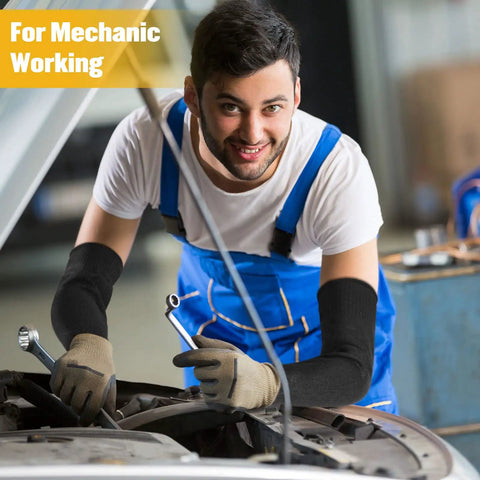 Mechanic wearing 4 Pack Cut Resistant Arm Sleeves With Thumb Holes And Without, Thin Skin Protection, Black And Gray