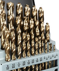Close-up of 29-Piece M35 Cobalt Drill Bit Set For Steel And Hardened Metals, organized in labeled index case.