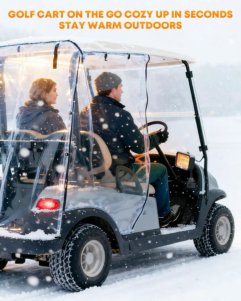 Badass 48V Electric Golf Cart Heater With Infinite Temperature Adjustment And Windproof Carbon Fiber Core To Keep Your Sweet Course Rig Toasty Without Any Propane Hassle Or Overheating Risk in use during snowy weather.