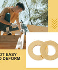 Premium 50 Pack Of M5x10mm Flat Brass Sealing Washers Perfect For Tough Electrical And Mechanical Fastening Jobs On Cars Or Construction Sites With Top Notch Copper Gasket Durability. Brass sealing washers shown with wood fastening and "not easy to deform" text