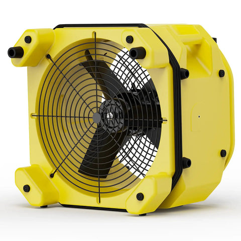 No Sweat Heavy Duty Industrial Air Mover And High Velocity Floor Blower Beast For Rapid Carpet Drying Job Site Essential 3000 Cfm Workhorse side view showing black fan and yellow housing.
