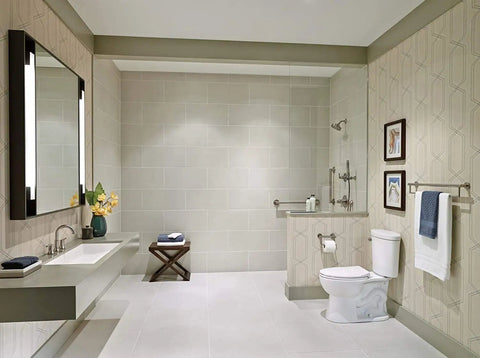 Modern bathroom with 18 Inch Matte Black Shower Grab Bar ADA Compliant 450 Lb Capacity Wall Mounted Safety Handle for bathtub and shower.