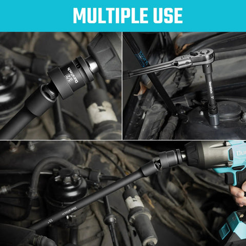 Heavy Duty One Half Inch Impact Socket Extension Set Five Piece Kit With Five Inch Ten Inch And Fifteen Inch Extensions Swivel Universal Joints And One Half To Three Eighth Inch Drive Adapter In CR V Steel For Auto And Garage Grinders