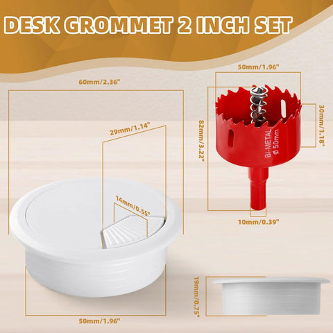 Desk Grommet Set 2 Inch White ABS Plastic Hole Covers For Cables Includes 10 Pieces And A 2 Inch Hole Saw with dimensions shown