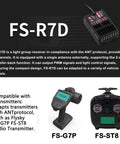 FS-R7D 2.4GHz ANT Protocol Receiver with 7 PWM Channels, single antenna, shown with Flysky FS-G7P FS-ST8 transmitters.