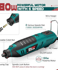 Side view of NEU MASTER 180W corded rotary tool; teal body with black grip, 6-speed dial, and power cord.