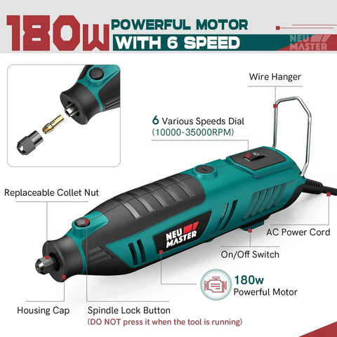 Side view of NEU MASTER 180W corded rotary tool; teal body with black grip, 6-speed dial, and power cord.