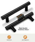 Close-up of 5 Pack Black Stainless Steel Cabinet Pulls T Bar Handles For Kitchen Cabinets And Drawers, 4 Inch Overall Length, rustproof.