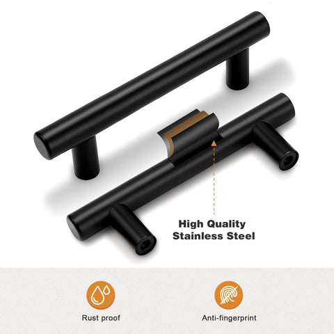 Close-up of 5 Pack Black Stainless Steel Cabinet Pulls T Bar Handles For Kitchen Cabinets And Drawers, 4 Inch Overall Length, rustproof.