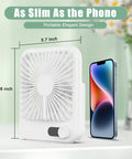 Six Point Eight Inch Portable Personal Desk Fan With Rechargeable Battery next to smartphone for size comparison