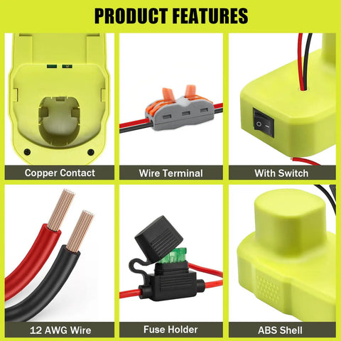 Ryobi 18V Battery Adapter With 12 AWG Wire, Power Converter Kit features copper contacts, wire terminal, switch, and ABS shell.