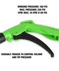 Green handle of Five Piece Air Blower Gun Kit With One Quarter Inch Inlet Turbo Nozzle Variable Trigger And Interchangeable 100mm 140mm 320mm Tips For Tight Spaces And High Volume Air Cleaning 160 PSI showing PSI details