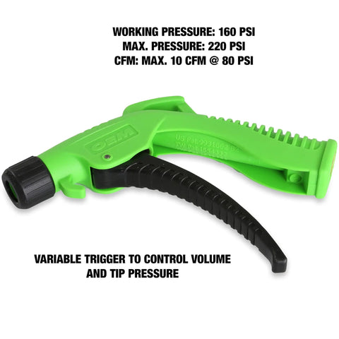 Green handle of Five Piece Air Blower Gun Kit With One Quarter Inch Inlet Turbo Nozzle Variable Trigger And Interchangeable 100mm 140mm 320mm Tips For Tight Spaces And High Volume Air Cleaning 160 PSI showing PSI details