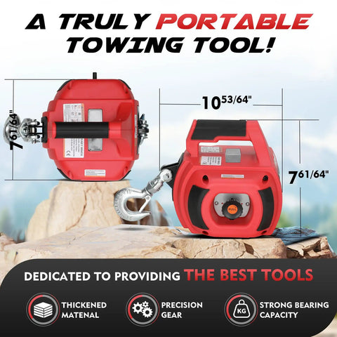 Beefy Portable Drill Winch With 1500 Lb Capacity Red Handheld Winch Kit 40 Foot Synthetic Rope 360 Degree Hook Rotation Built To Lift And Drag Heavy Gear Includes Down Strap With D Rings, red drill-powered winch shown front and side