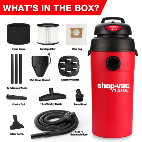 5 Gallon Wet Dry Vacuum With 5.5 Peak HP, Wall Mountable Shop Vacuum For Garage Car And Workshop, Includes full accessory kit