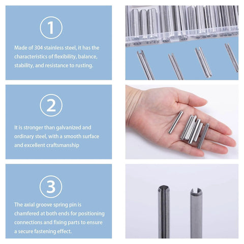 120 Piece Spring Pin Kit In 5 Sizes 304 Stainless Steel Slotted Roll Pins GB879 for DIY and Automotive Repair, close-up view.