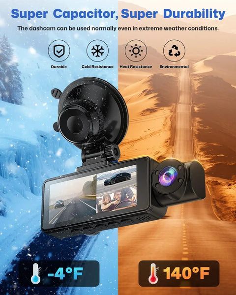 2.5K Front Inside And Rear Dash Cam For Cars with durability in extreme weather, shown in icy and desert conditions.