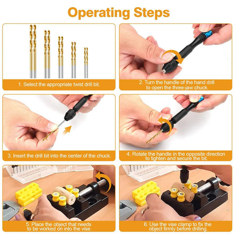Operating steps for Miniature Pin Vise Hand Drill Set For Jewelry Making 67 Piece Dope Kit with images of components and usage guide.