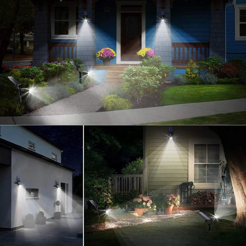 Solar Outdoor Lights 2 Pack With 6 LED Waterproof Spotlight illuminating yard and pathways at night.