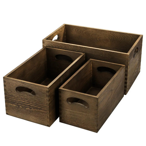 Set Of 3 Nesting Wooden Crates With Handles For Easy Grabs, Pine Wood Stackable Storage Boxes For Home Office Closet Shelves