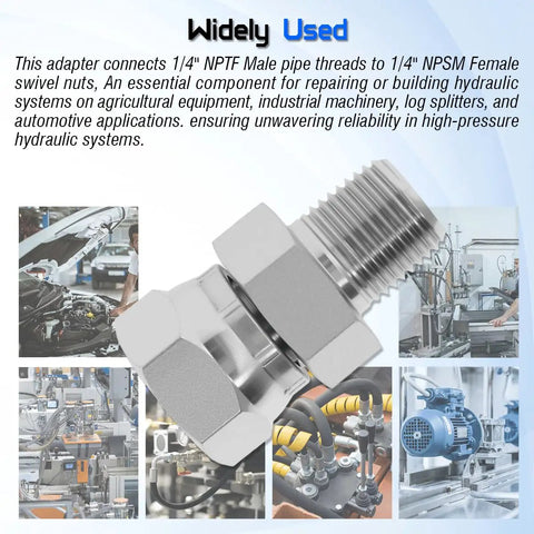 Hydraulic Swivel Adapter 1/4 Inch NPTF Male To 1/4 Inch NPSM Female 360 Degree Swivel For Tight Spaces No Fuss Alignment Anti Kink Design Durable Steel Construction High Flow Quick Connect used in hydraulic systems