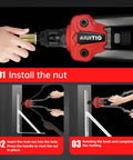 Detailed view of Rivet Nut Tool Kit with Step Drill Bit and 90 Rivnuts, 13-Inch Heavy Duty Hand Riveter Set, hands using tool