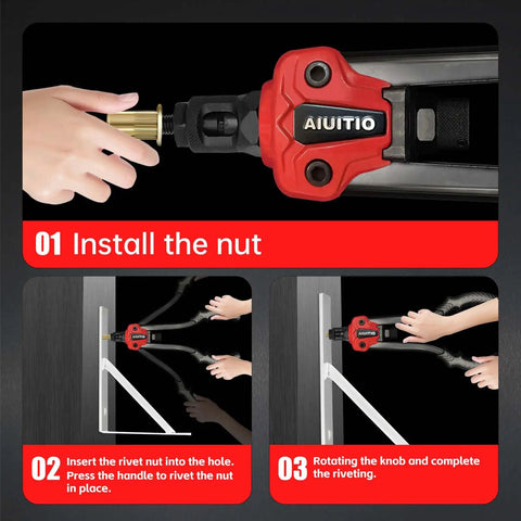 Detailed view of Rivet Nut Tool Kit with Step Drill Bit and 90 Rivnuts, 13-Inch Heavy Duty Hand Riveter Set, hands using tool