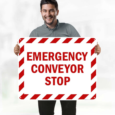 Rock Solid Emergency Conveyor Stop Sign, 24X30 Inch Heavy Duty Industrial Warning Plaque held by a man with red and white stripes.