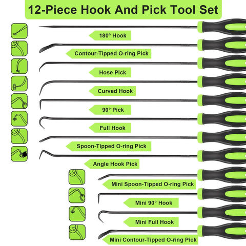 12 Piece Automotive Hook And Pick Tool Set With Long And Mini Picks for engine maintenance, featuring labels for each tool
