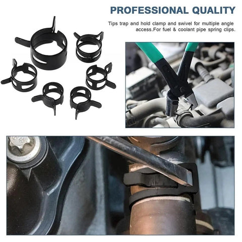 Premium 90 Plus One Plier Assortment Kit With Heavy Duty Vacuum Spring Fuel Hose Pipe Tube Clamps In Black For Various Sizes Including 10 13 17 19 And 21 Millimeters Perfect For Home Repair Or Auto Fix It Stuff Right Now. Black fuel spring hose clamps with plier use on vehicle pipes