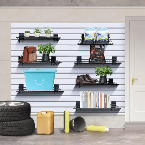 24 Inch Slatwall Shelf Set Two Pack Heavy Duty Garage Storage Wire Shelves With Durable Powder Coat Finish installed with items